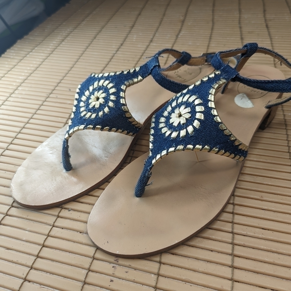 Jack Rogers women's sz 11 thong and ankle strap Sandals. Dark blue denim with si